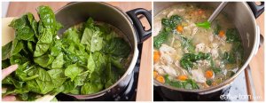 add spinach at the end of cooking for best chicken soup in instant pot or pressure cooker