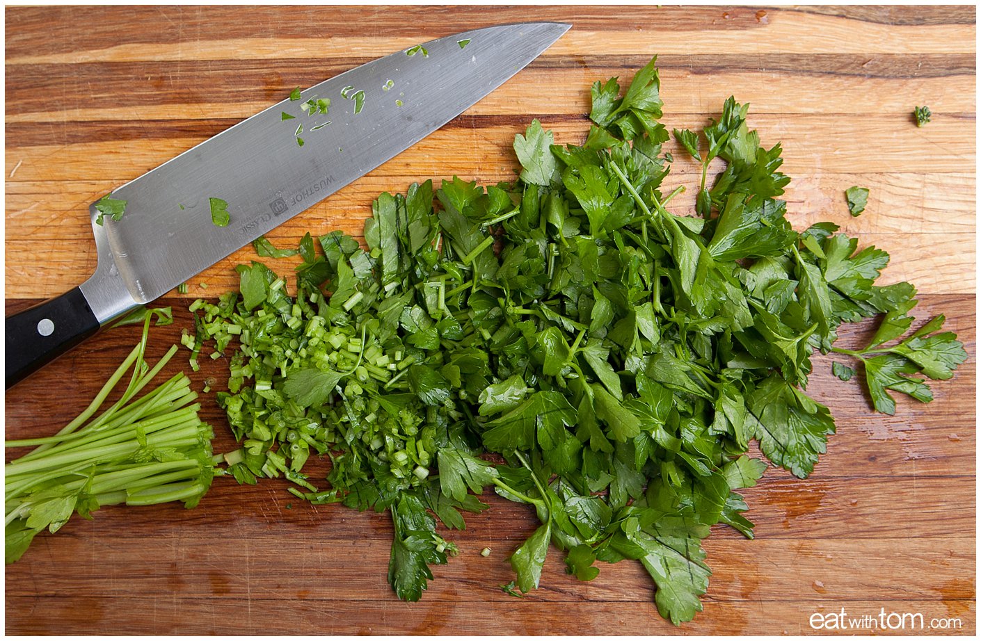 cut parsley for asian inspired broccolini recipe with green beans edamame
