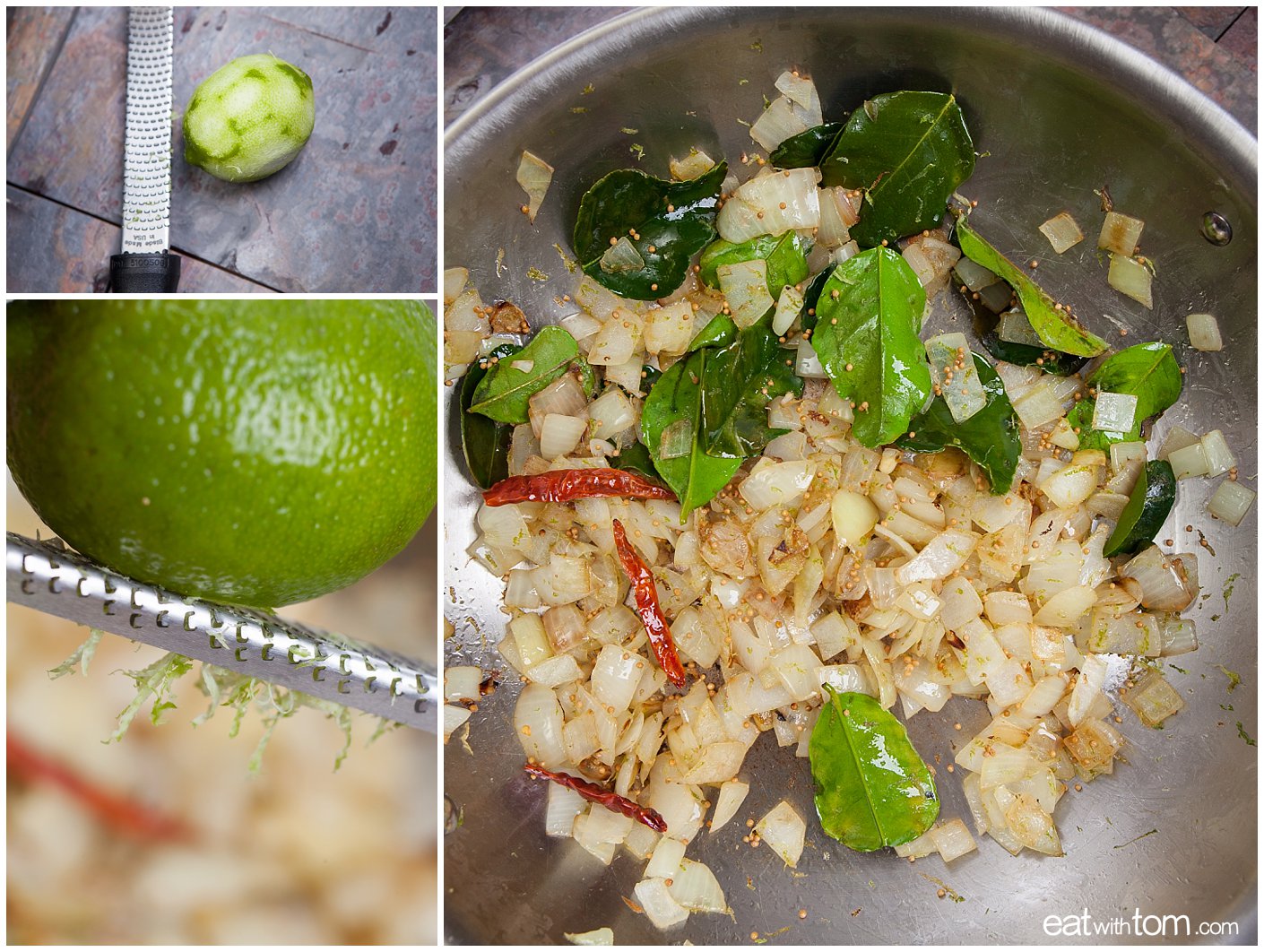 lime zest and curry leaves with onions for asian inspired broccolini recipe with green beans edamame 