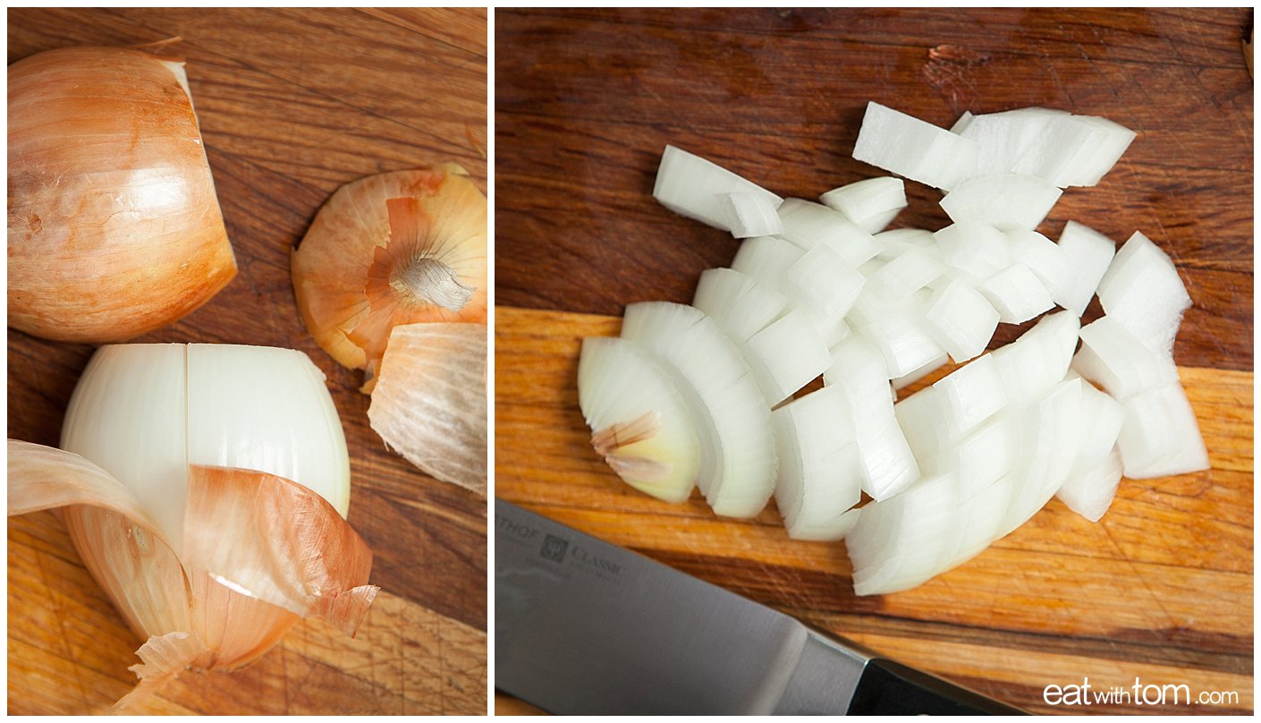 Summer Seafood stew recipe preparation instructions, cut onions diced