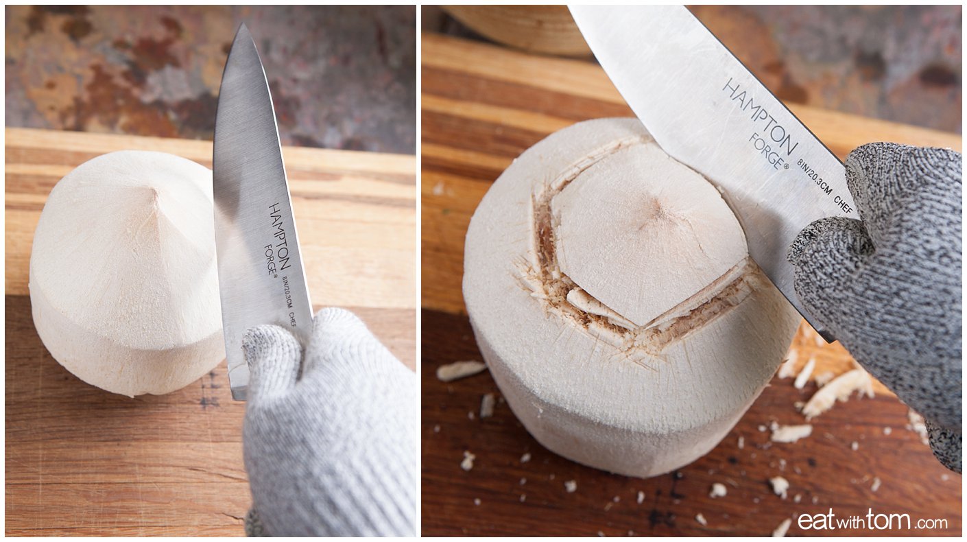 how to cut open young coconut with chefs knife at home