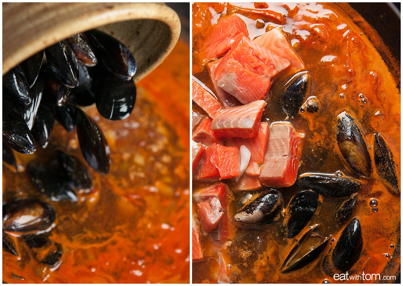 Best summer seafood stew recipe with salmon and mussels - Food images by Tom Schmidt