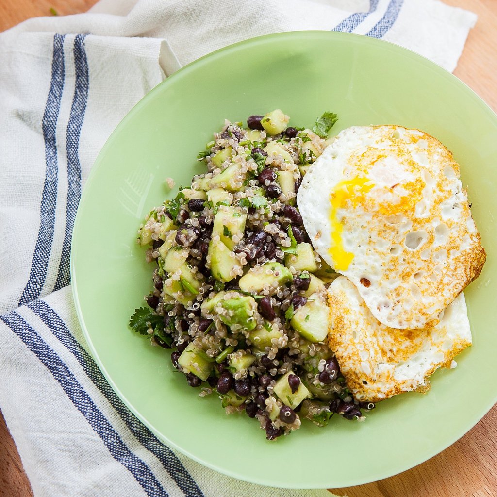 Quinoa, Black Beans, Cucumber and Avocado with Eggs Recipe