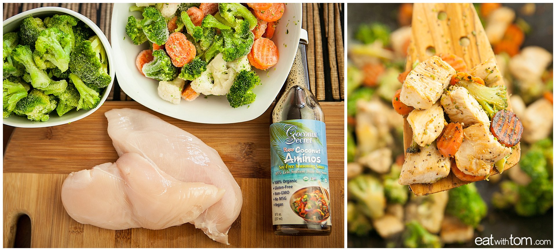 Quick chicken stir fry recipe with coconut aminos and frozen vegetables