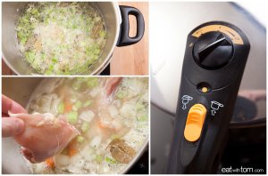 add chicken thighs to soup with onions celery and carrots to make best recipe for chicken soup
