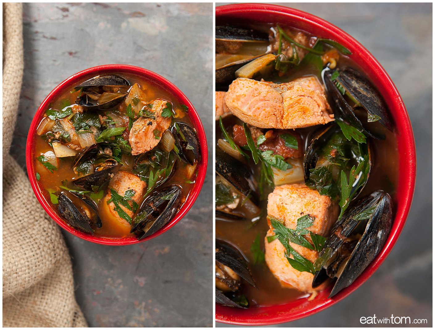 Summer Seafood Stew Recipe Close up of salmon and mussels - Cooking with Tom
